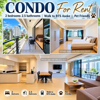 Condo 2 chambres à louer près de la station BTS Asok, photo 1 sur 5