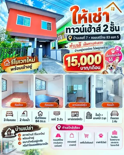 ให้เช่าทาวน์เฮาส์ 3 ห้องนอน ใกล้ MRT วงแหวนรามอินทรา รูปที่ 1 จาก 5